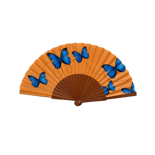 oranger Fächer mit blauen Schmetterlingen - Blue Butterfly
