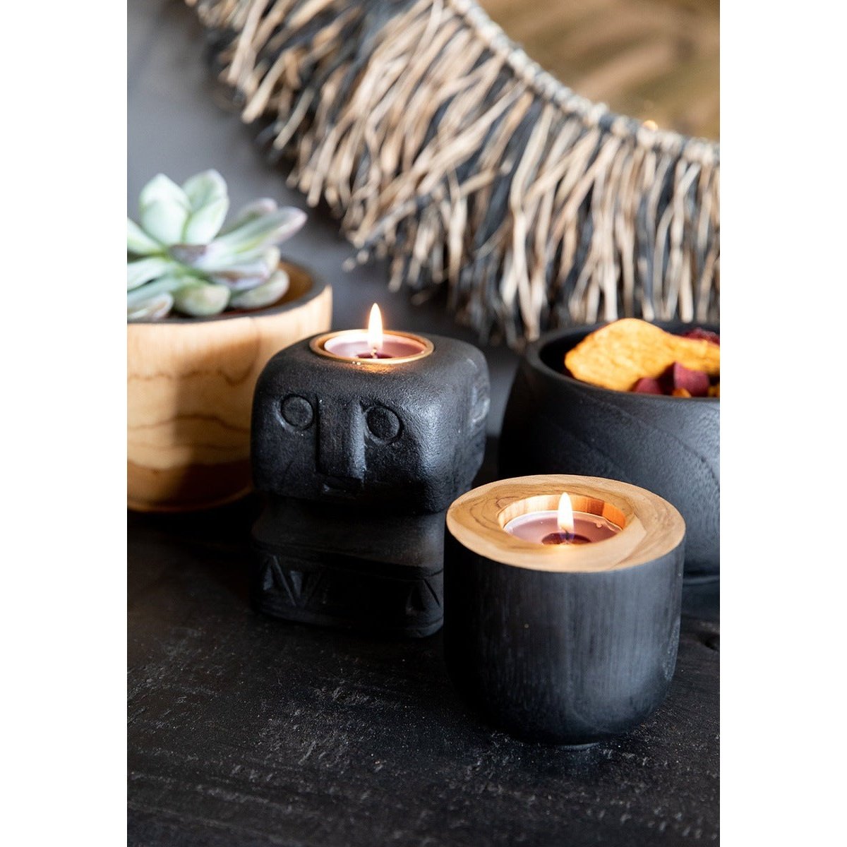 Bazar Bizar Teak Holz Kerzenhalter - schwarz
