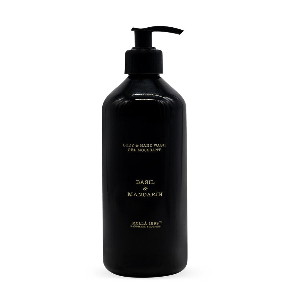 Schwarze Pumpflasche Basil & Mandarine Handseife von Cereria Mollá