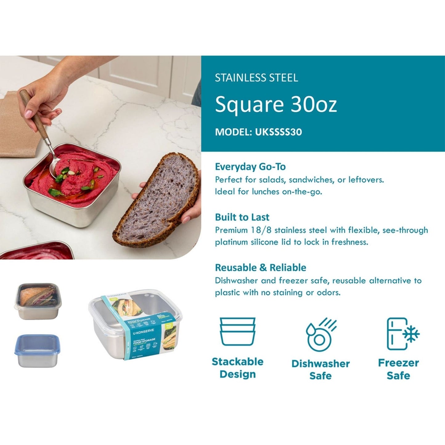 quadratische Edelstahldose Square Medium - 900ml