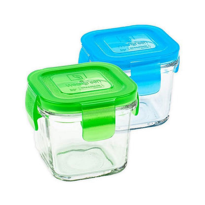 kleine Glasbehälter mit Deckel für Nahrungsmittel - grün und blau