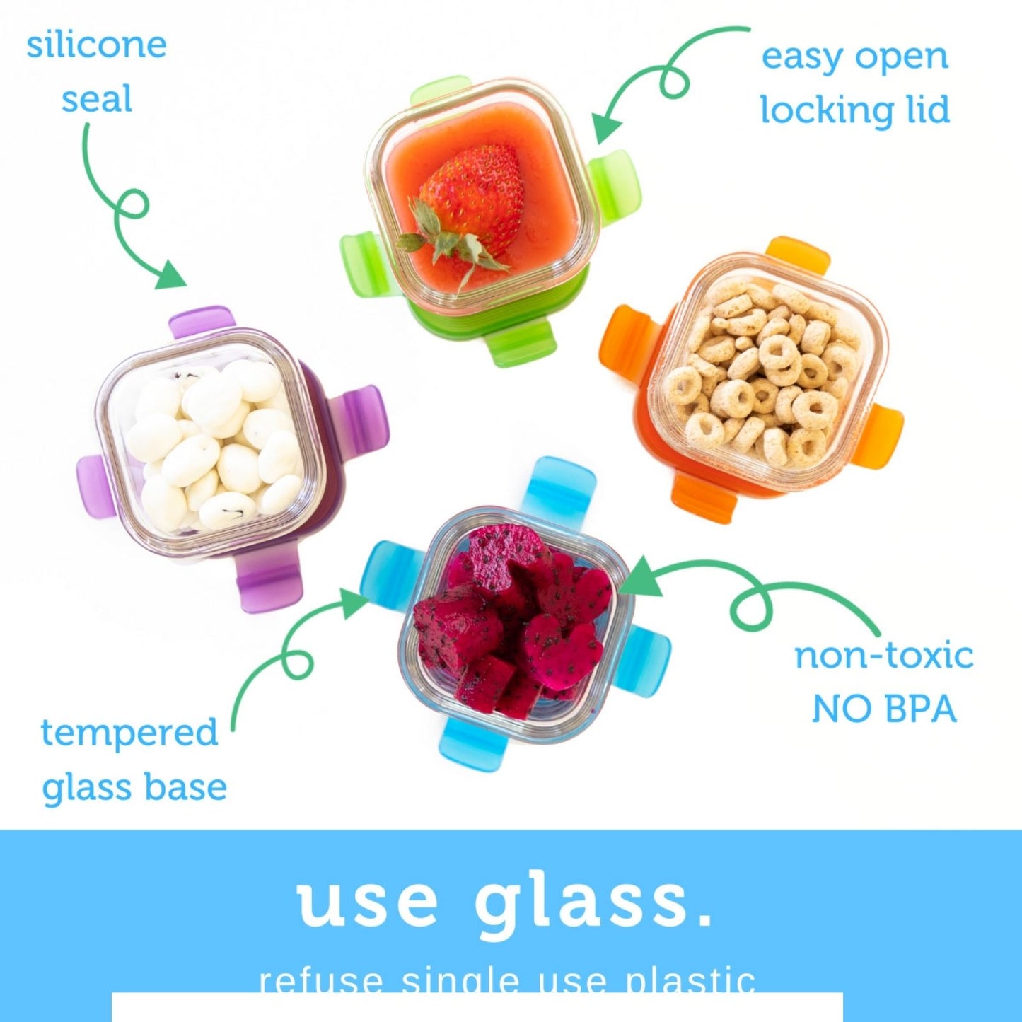 kleine Glasbehälter mit Deckel für Nahrungsmittel - orange und pink