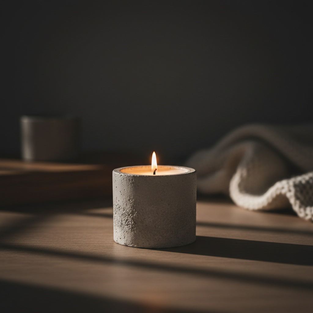 Kleine brennende Duftkerze in Betonglas - Quadratisch